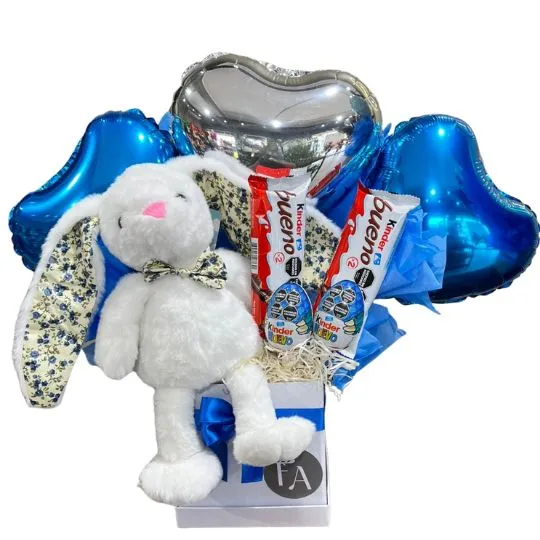 box con chocolate globos y peluche pascuas II